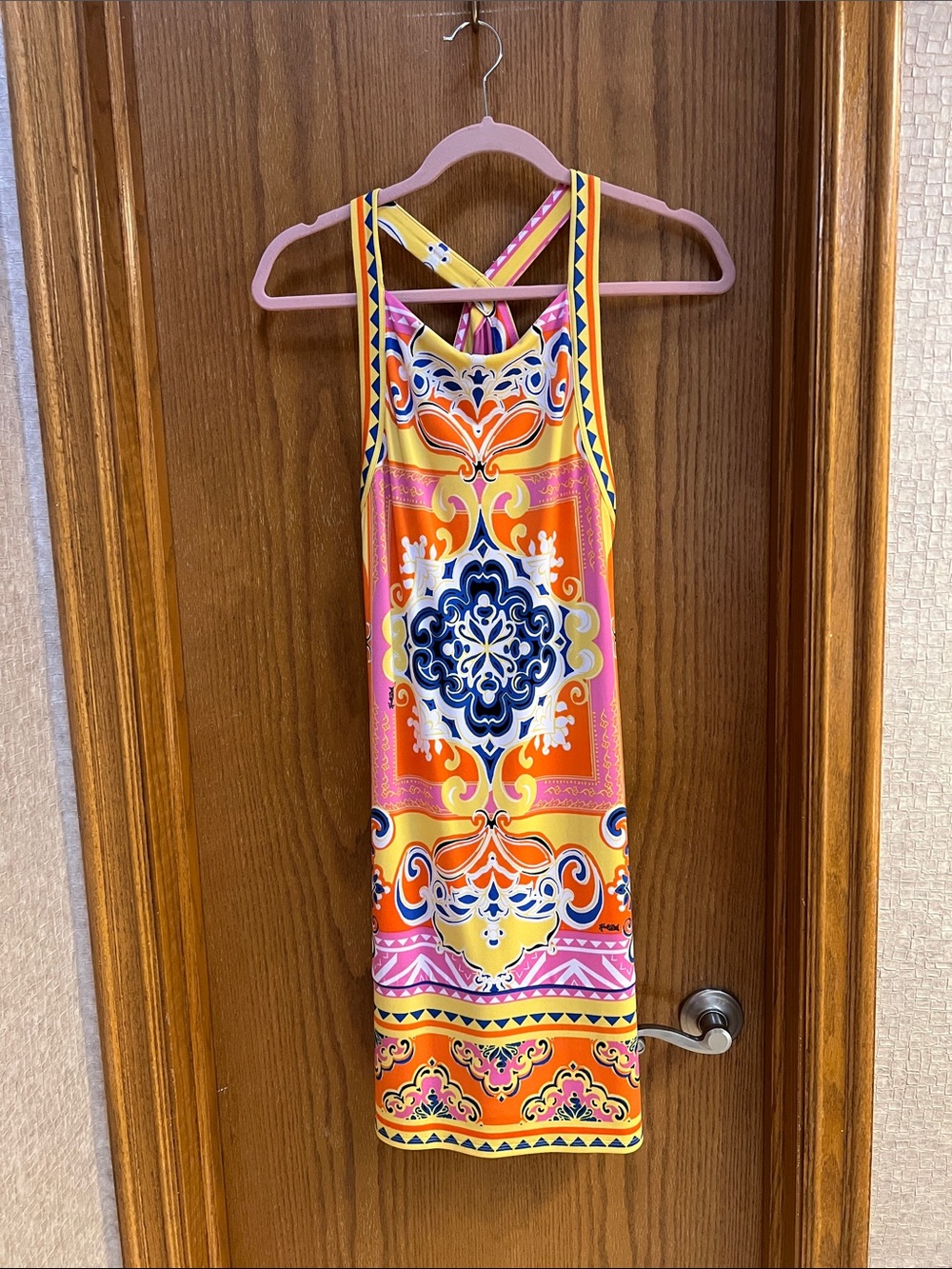 Hale Bob Orange Pink Yellow Patterned front crossover Dress. Small. EUC. - Picture 5 of 7